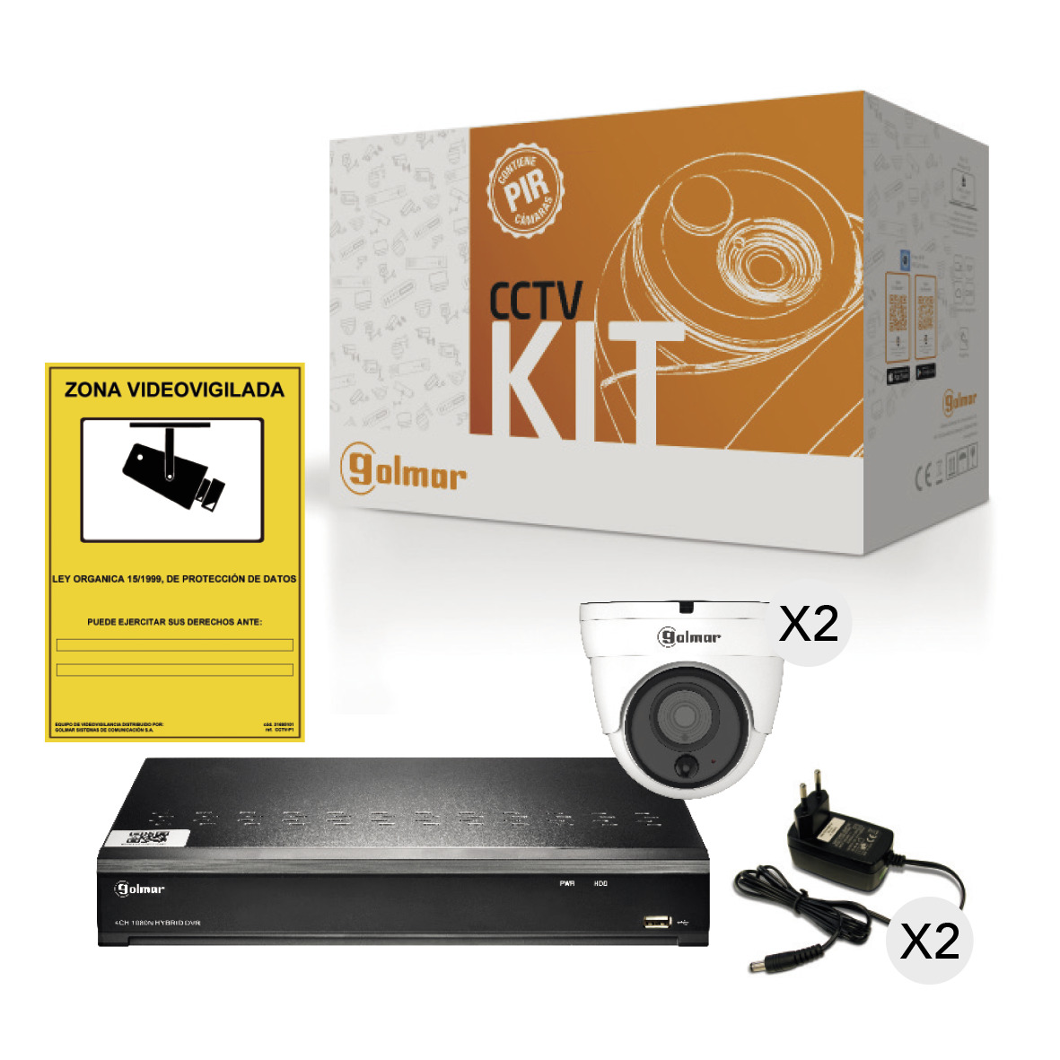 GOLMAR 31600901 Kit-2DHVR1 con DVR y 2 domos 1080p