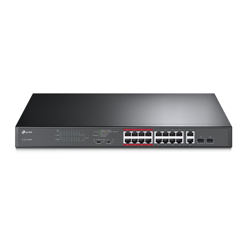 TP-LINK TL-SL1218MP Switch PoE+ de 16 puertos a 10/100Mbps, 16 puertos RJ45 a 10/100Mbps, 2 puertos RJ45 Gigabi